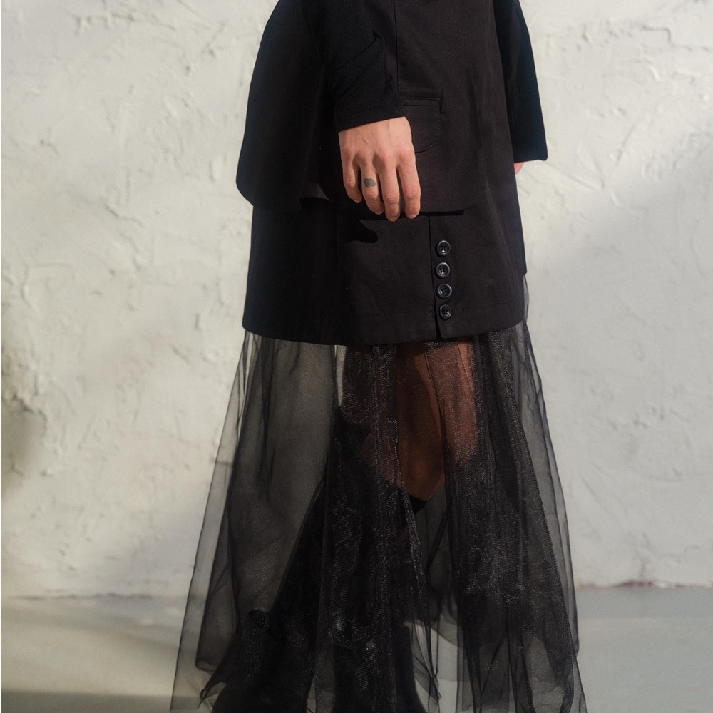 Black Asymmetrical Skirt with Tulle Detail